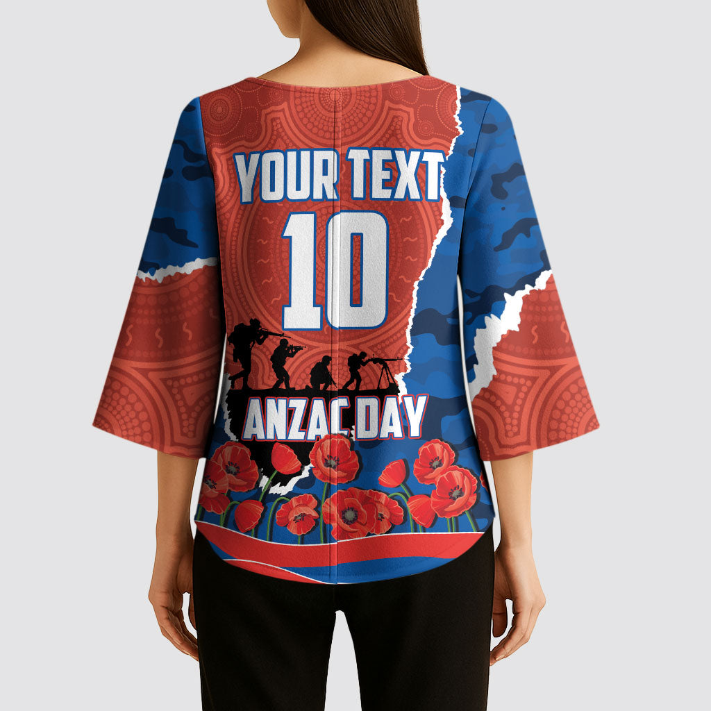 Personalized Newcastle Knights ANZAC Tribute Kimono Sleeve Blouse Poppy Field Soldier Silhouette Aboriginal Rugby Mascot