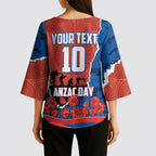 Personalized Newcastle Knights ANZAC Tribute Kimono Sleeve Blouse Poppy Field Soldier Silhouette Aboriginal Rugby Mascot
