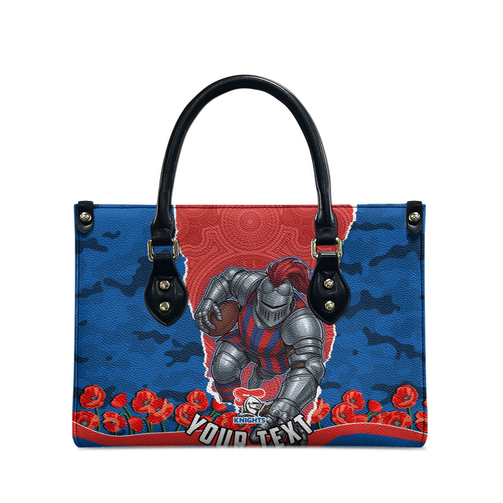 Personalized Newcastle Knights ANZAC Tribute Leather Bag Poppy Field Soldier Silhouette Aboriginal Rugby Mascot