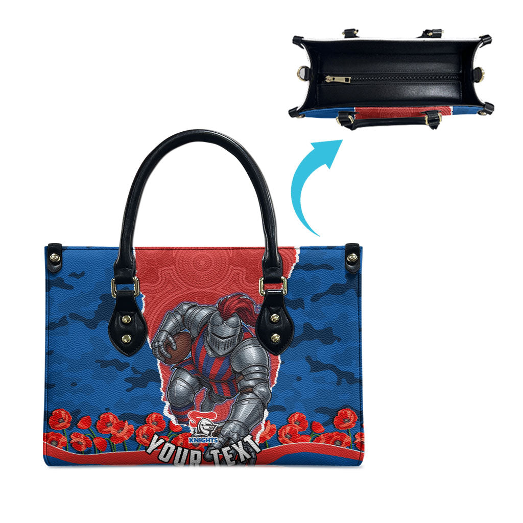 Personalized Newcastle Knights ANZAC Tribute Leather Bag Poppy Field Soldier Silhouette Aboriginal Rugby Mascot