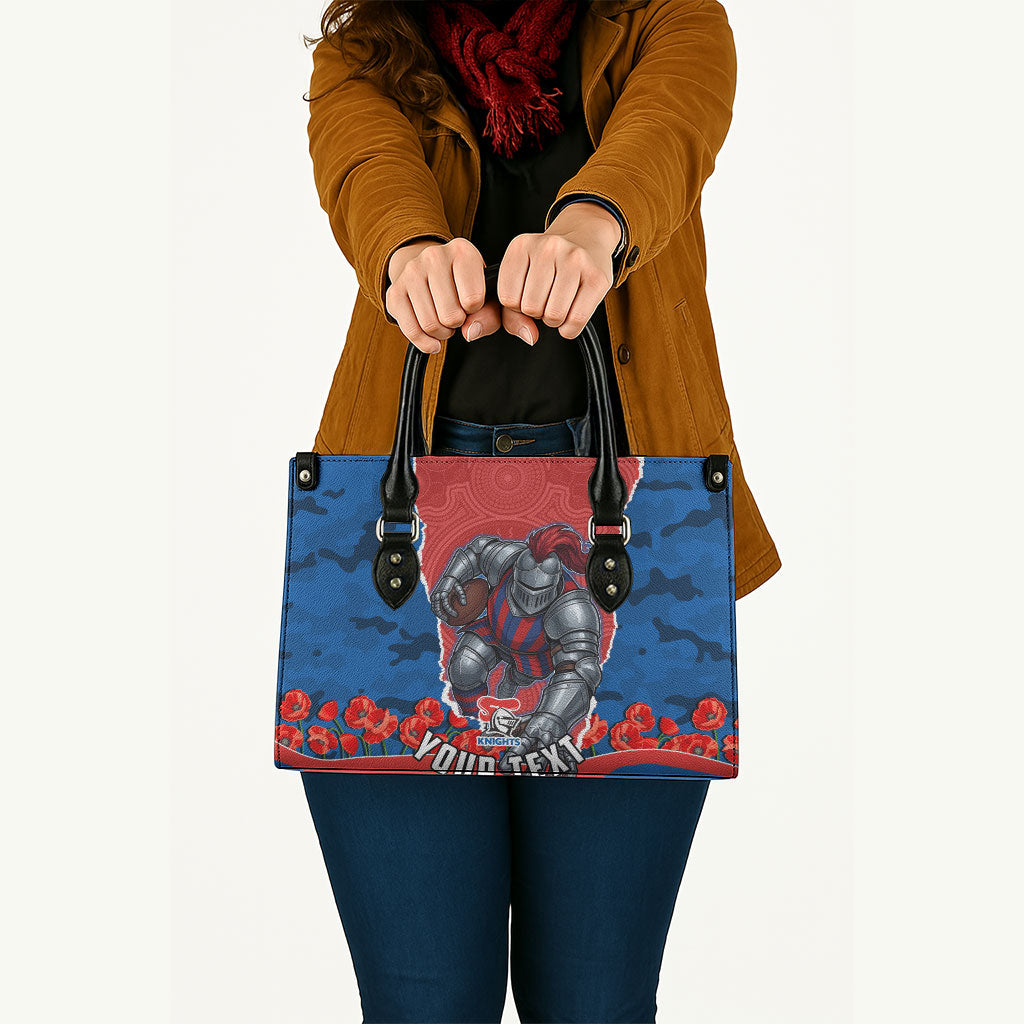 Personalized Newcastle Knights ANZAC Tribute Leather Bag Poppy Field Soldier Silhouette Aboriginal Rugby Mascot