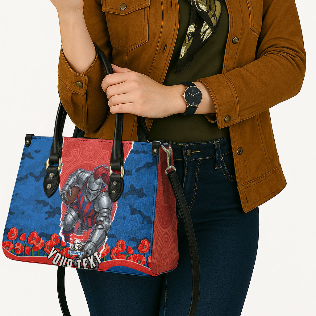 Personalized Newcastle Knights ANZAC Tribute Leather Bag Poppy Field Soldier Silhouette Aboriginal Rugby Mascot