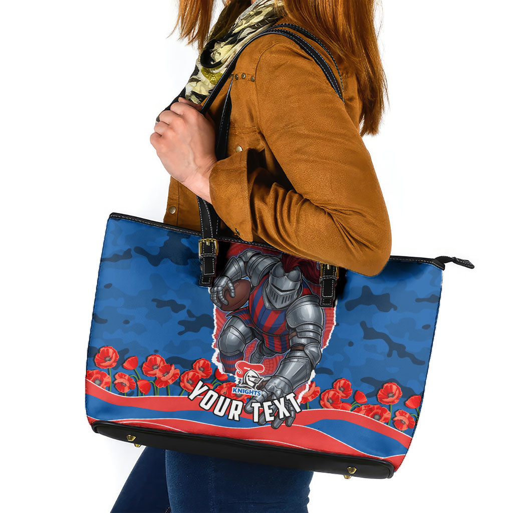 Personalized Newcastle Knights ANZAC Tribute Leather Tote Bag Poppy Field Soldier Silhouette Aboriginal Rugby Mascot