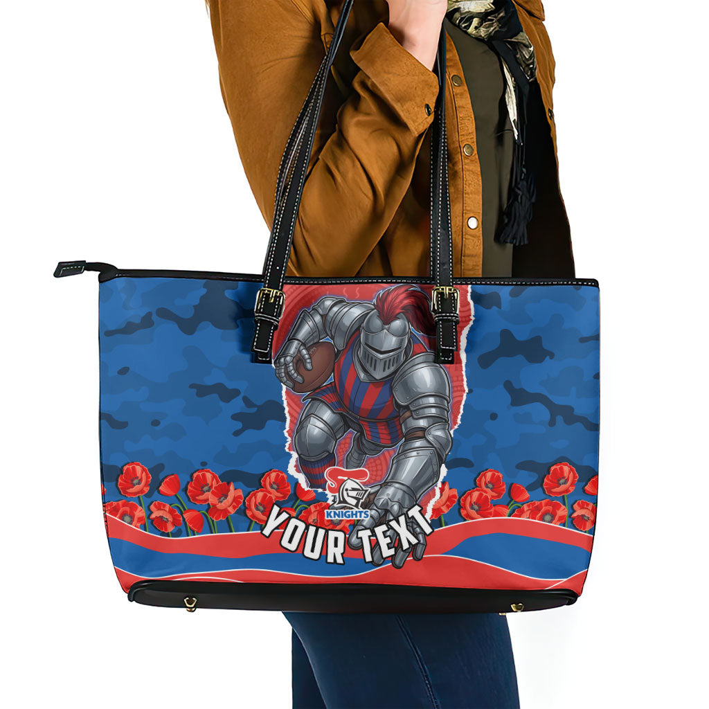 Personalized Newcastle Knights ANZAC Tribute Leather Tote Bag Poppy Field Soldier Silhouette Aboriginal Rugby Mascot