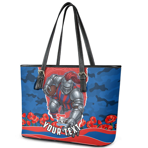 Personalized Newcastle Knights ANZAC Tribute Leather Tote Bag Poppy Field Soldier Silhouette Aboriginal Rugby Mascot