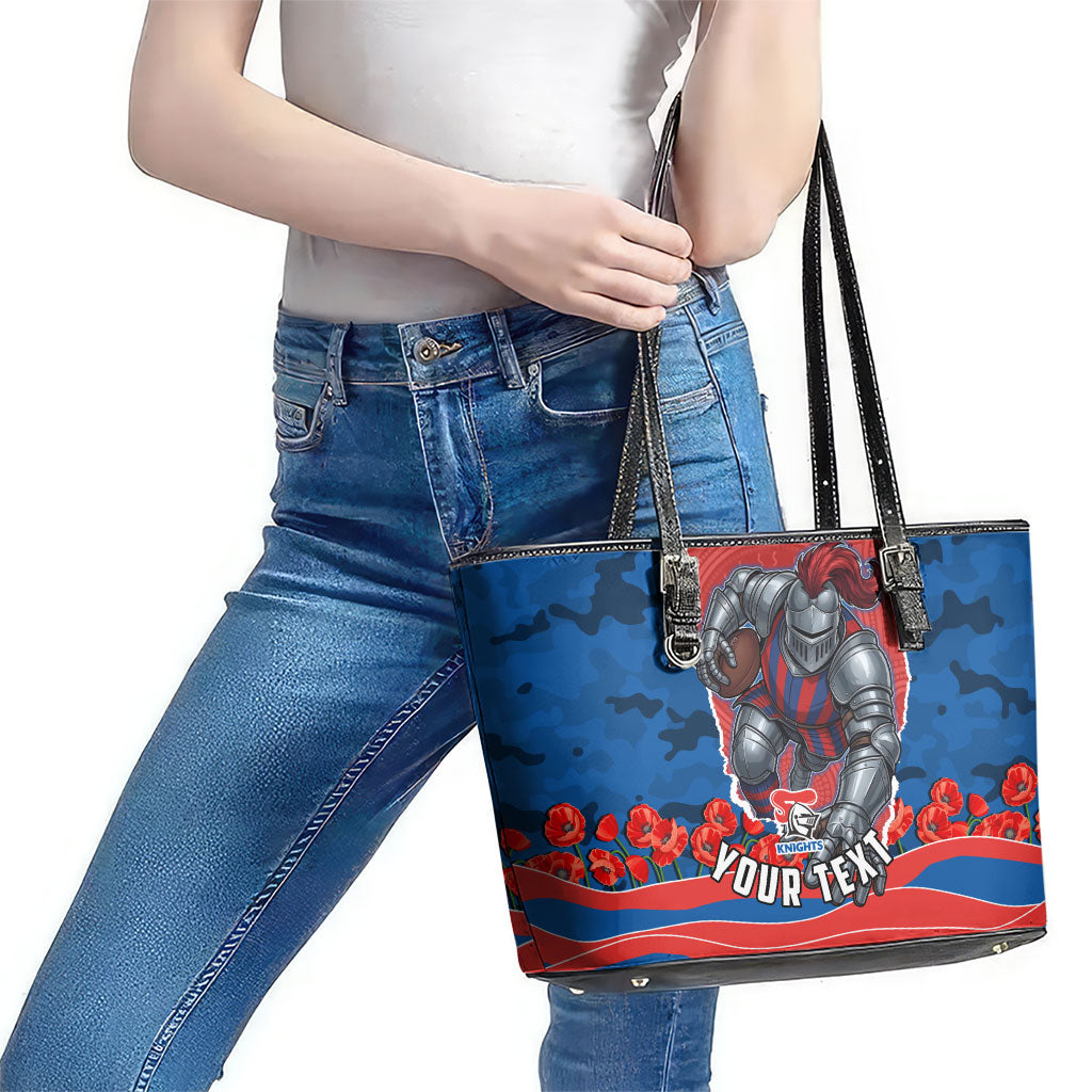 Personalized Newcastle Knights ANZAC Tribute Leather Tote Bag Poppy Field Soldier Silhouette Aboriginal Rugby Mascot