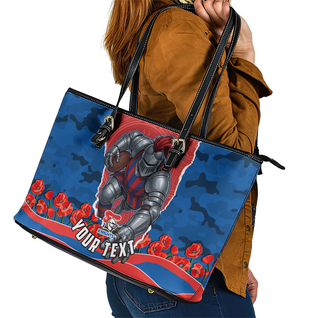 Personalized Newcastle Knights ANZAC Tribute Leather Tote Bag Poppy Field Soldier Silhouette Aboriginal Rugby Mascot