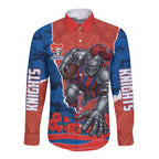 Personalized Newcastle Knights ANZAC Tribute Long Sleeve Button Shirt Poppy Field Soldier Silhouette Aboriginal Rugby Mascot