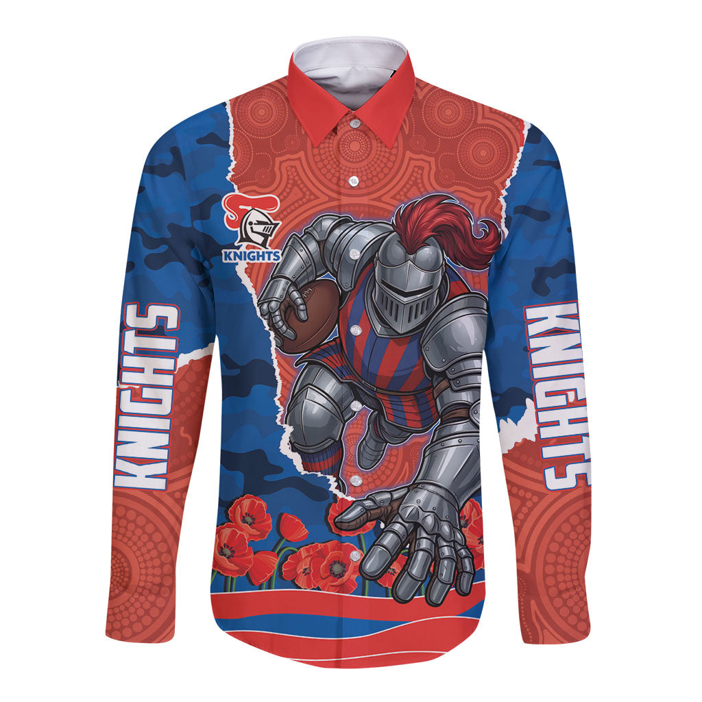 Personalized Newcastle Knights ANZAC Tribute Long Sleeve Button Shirt Poppy Field Soldier Silhouette Aboriginal Rugby Mascot