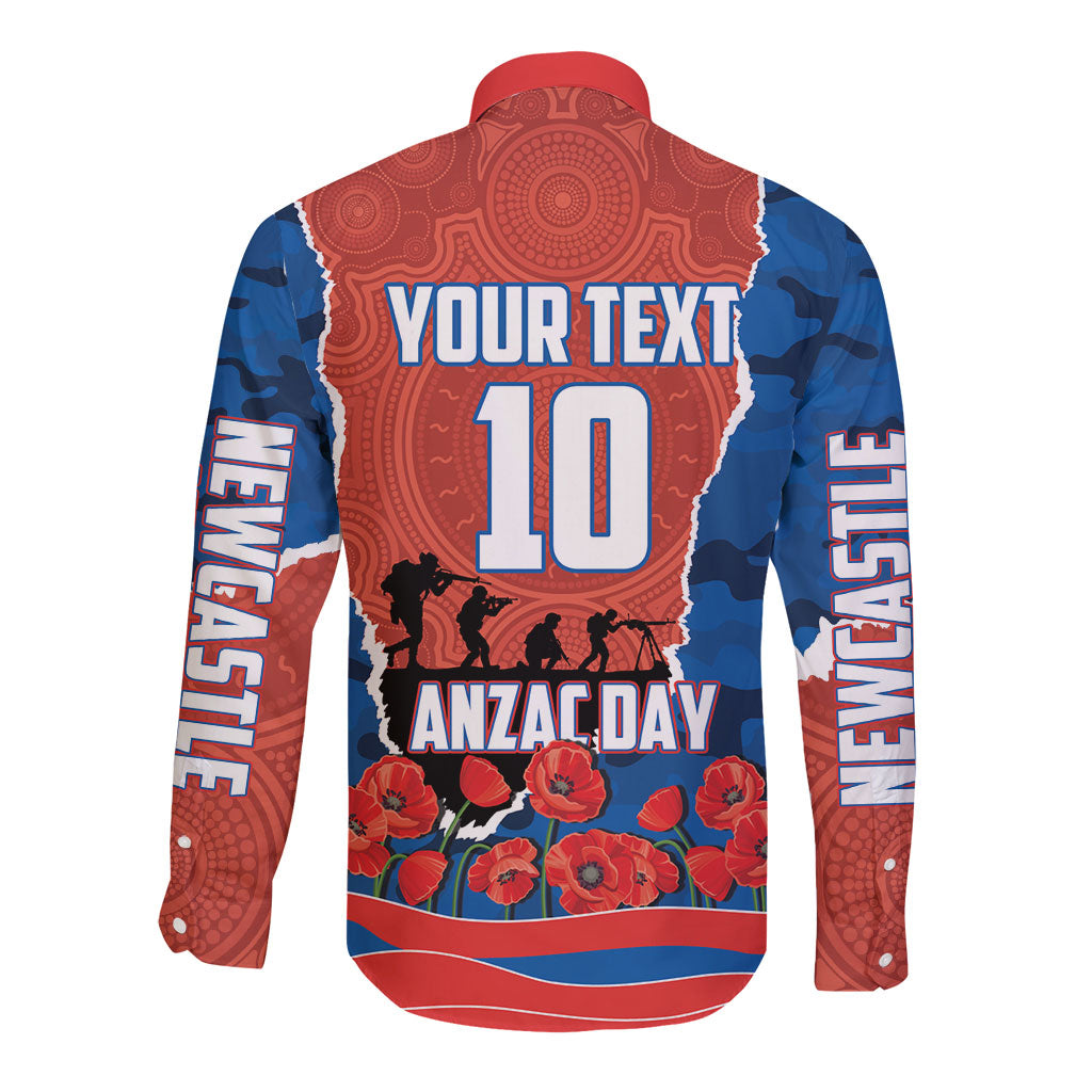 Personalized Newcastle Knights ANZAC Tribute Long Sleeve Button Shirt Poppy Field Soldier Silhouette Aboriginal Rugby Mascot