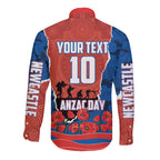 Personalized Newcastle Knights ANZAC Tribute Long Sleeve Button Shirt Poppy Field Soldier Silhouette Aboriginal Rugby Mascot