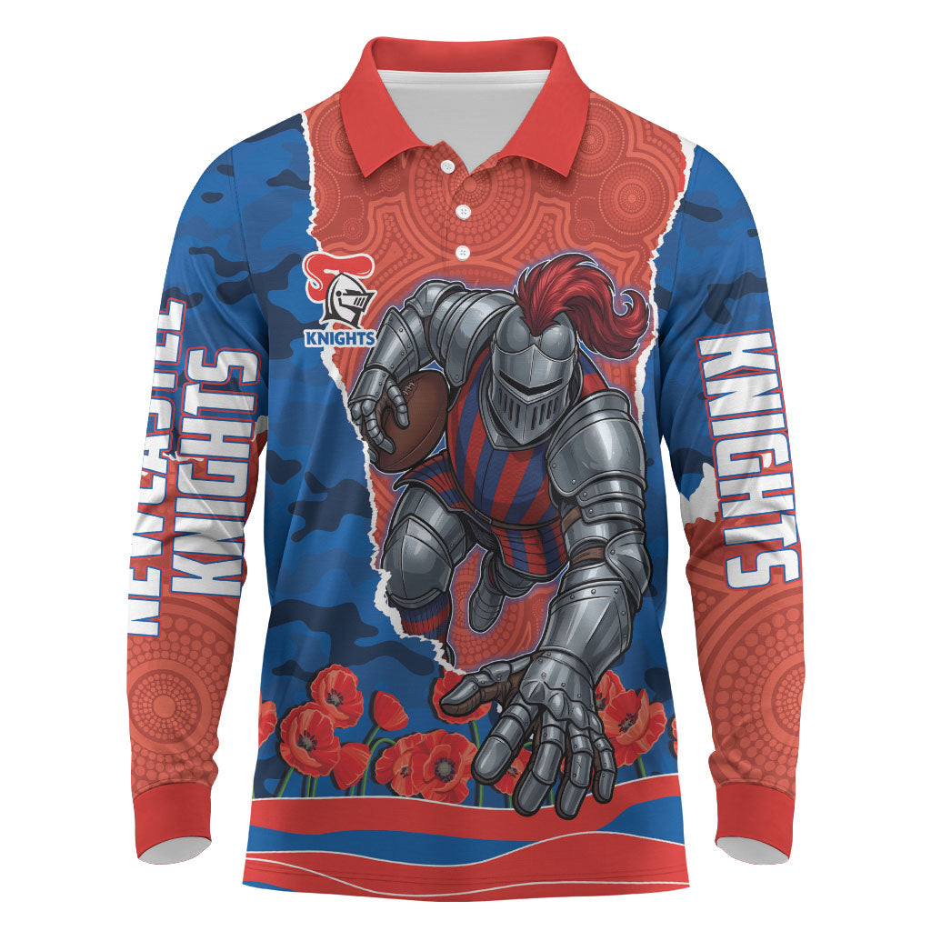 Personalized Newcastle Knights ANZAC Tribute Long Sleeve Polo Shirt Poppy Field Soldier Silhouette Aboriginal Rugby Mascot