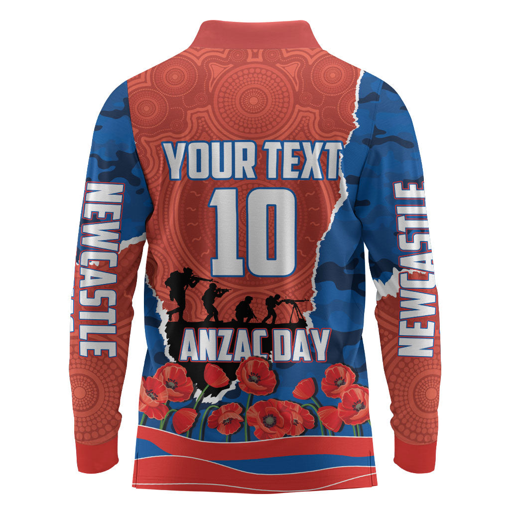 Personalized Newcastle Knights ANZAC Tribute Long Sleeve Polo Shirt Poppy Field Soldier Silhouette Aboriginal Rugby Mascot