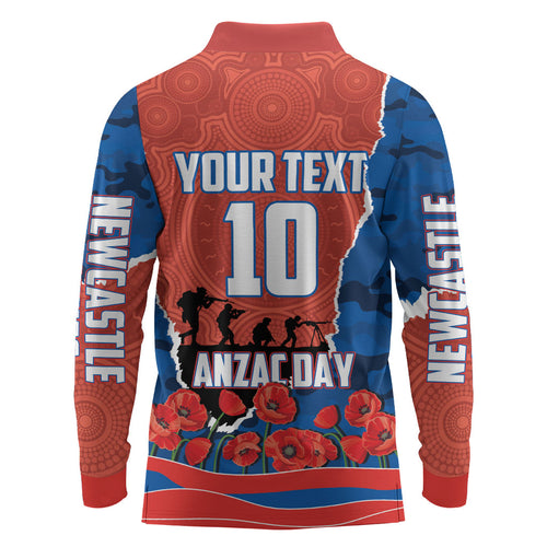 Personalized Newcastle Knights ANZAC Tribute Long Sleeve Polo Shirt Poppy Field Soldier Silhouette Aboriginal Rugby Mascot