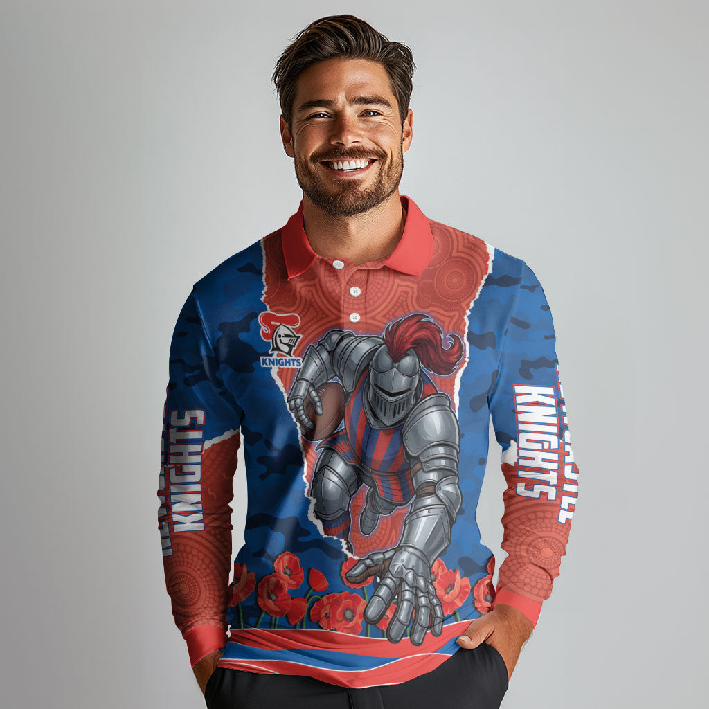 Personalized Newcastle Knights ANZAC Tribute Long Sleeve Polo Shirt Poppy Field Soldier Silhouette Aboriginal Rugby Mascot