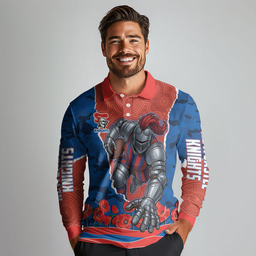 Personalized Newcastle Knights ANZAC Tribute Long Sleeve Polo Shirt Poppy Field Soldier Silhouette Aboriginal Rugby Mascot
