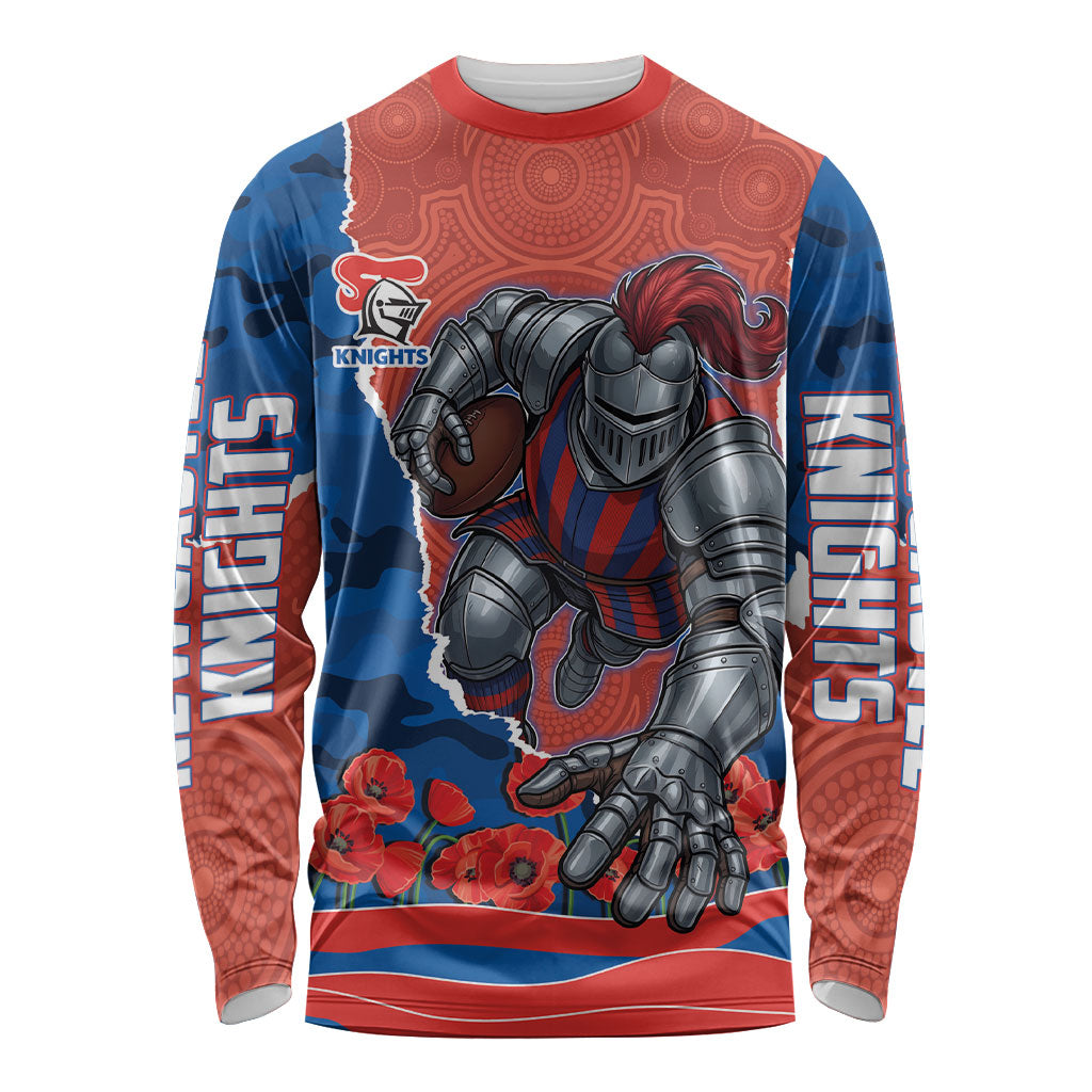 Personalized Newcastle Knights ANZAC Tribute Long Sleeve Shirt Poppy Field Soldier Silhouette Aboriginal Rugby Mascot