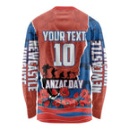 Personalized Newcastle Knights ANZAC Tribute Long Sleeve Shirt Poppy Field Soldier Silhouette Aboriginal Rugby Mascot