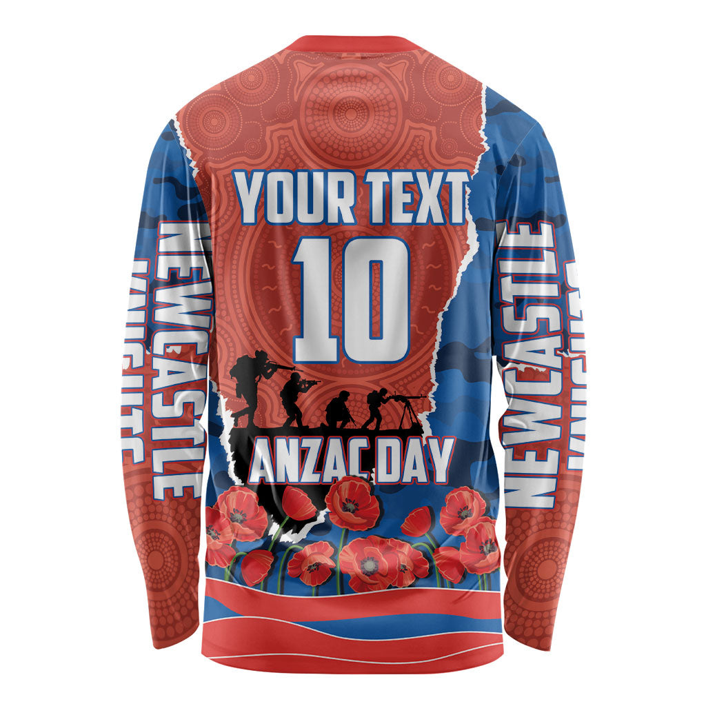 Personalized Newcastle Knights ANZAC Tribute Long Sleeve Shirt Poppy Field Soldier Silhouette Aboriginal Rugby Mascot