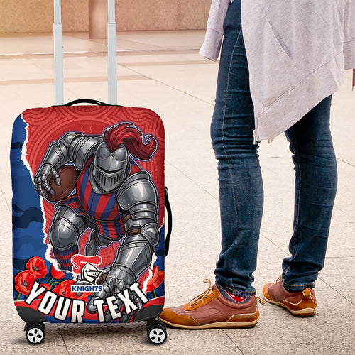 Personalized Newcastle Knights ANZAC Tribute Luggage Cover Poppy Field Soldier Silhouette Aboriginal Rugby Mascot