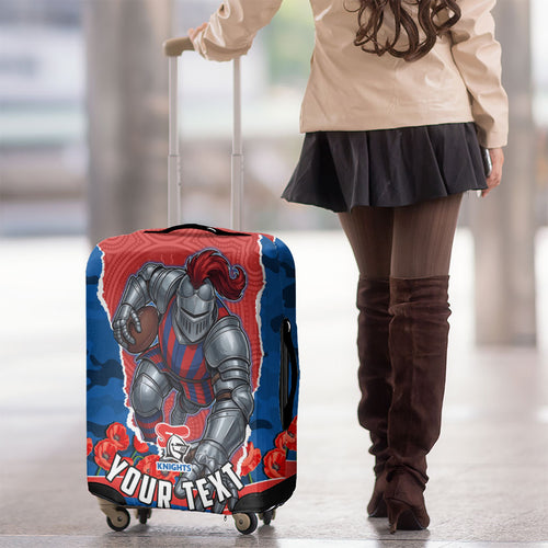 Personalized Newcastle Knights ANZAC Tribute Luggage Cover Poppy Field Soldier Silhouette Aboriginal Rugby Mascot