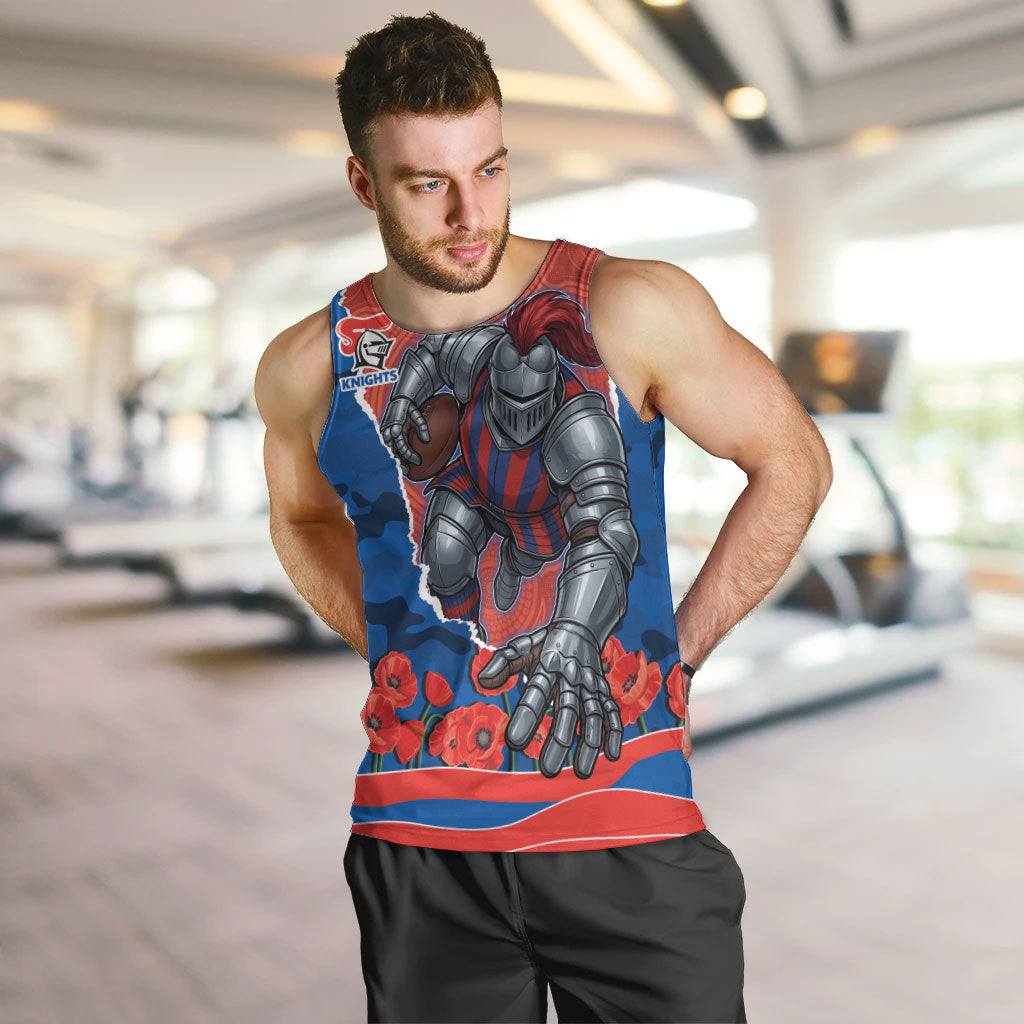 Personalized Newcastle Knights ANZAC Tribute Men Tank Top Poppy Field Soldier Silhouette Aboriginal Rugby Mascot