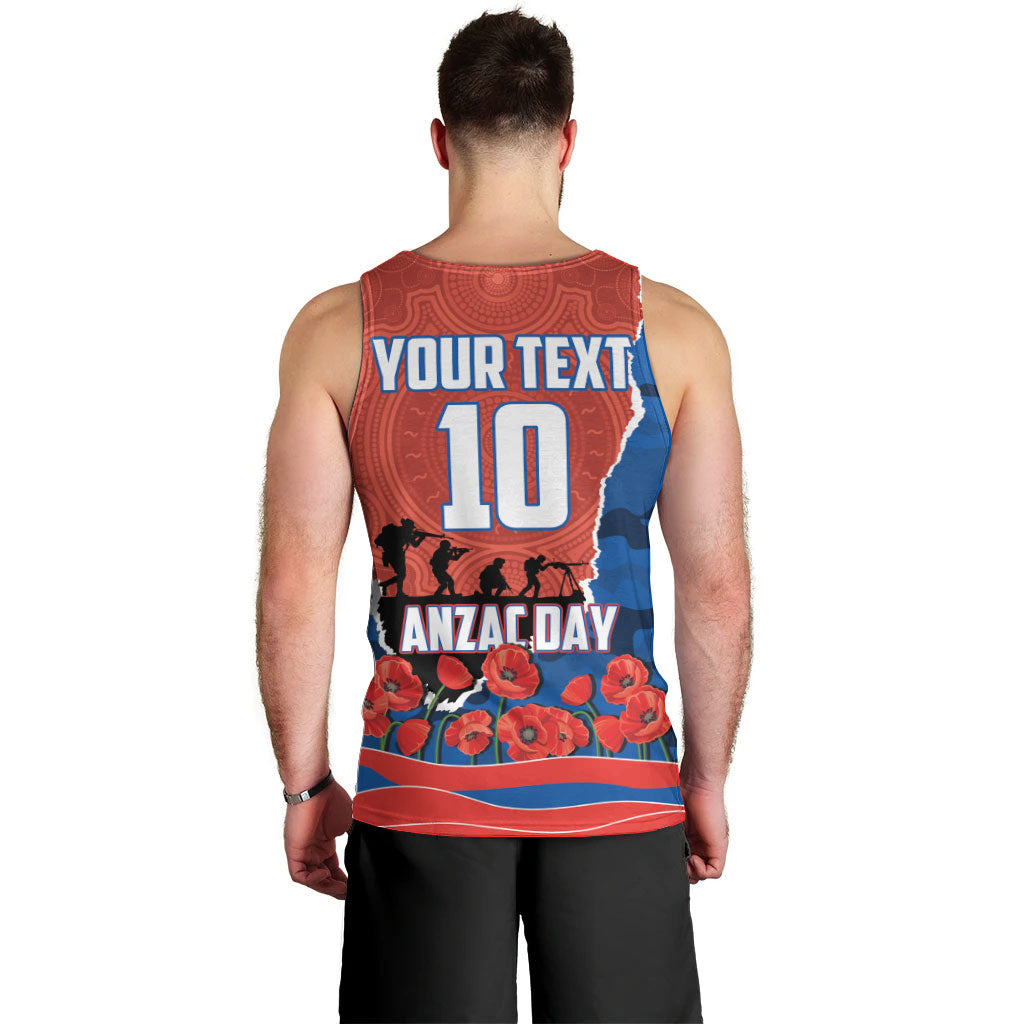 Personalized Newcastle Knights ANZAC Tribute Men Tank Top Poppy Field Soldier Silhouette Aboriginal Rugby Mascot