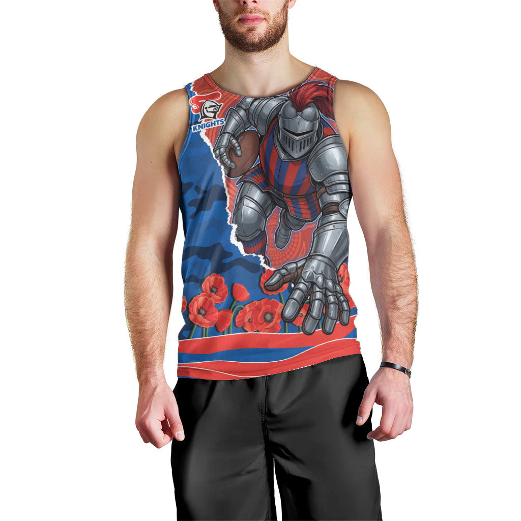 Personalized Newcastle Knights ANZAC Tribute Men Tank Top Poppy Field Soldier Silhouette Aboriginal Rugby Mascot
