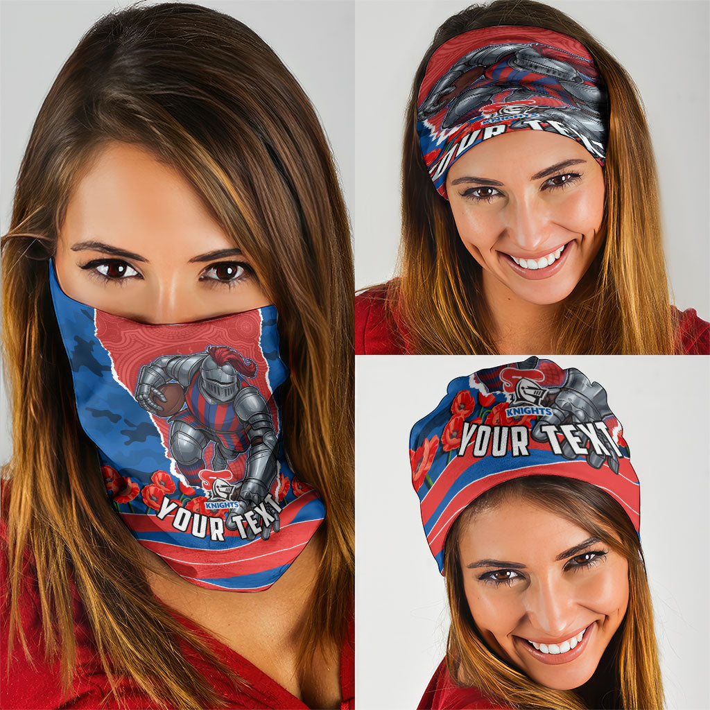 Personalized Newcastle Knights ANZAC Tribute Neck Gaiter Poppy Field Soldier Silhouette Aboriginal Rugby Mascot