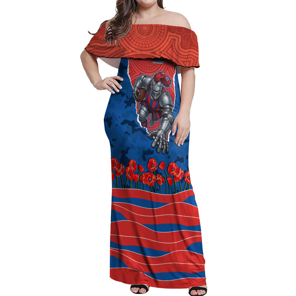Personalized Newcastle Knights ANZAC Tribute Off Shoulder Maxi Dress Poppy Field Soldier Silhouette Aboriginal Rugby Mascot