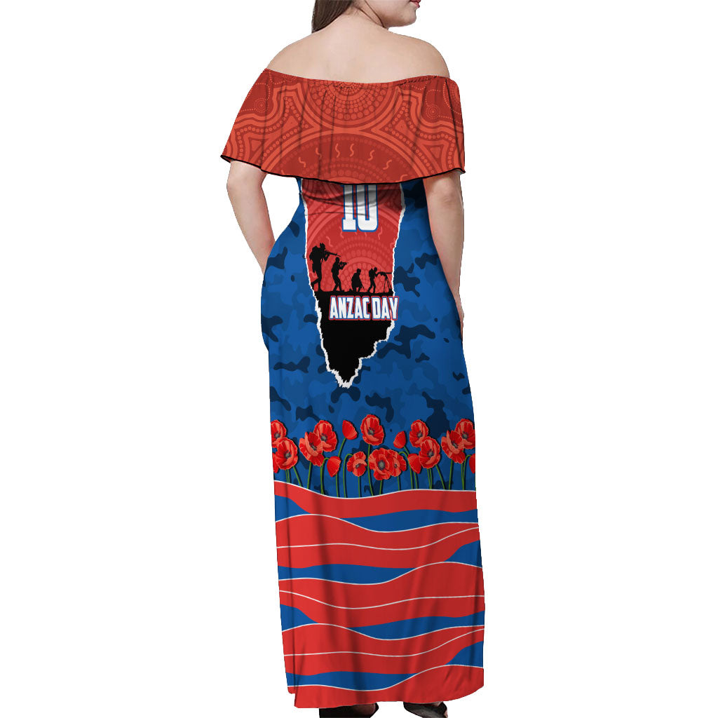Personalized Newcastle Knights ANZAC Tribute Off Shoulder Maxi Dress Poppy Field Soldier Silhouette Aboriginal Rugby Mascot