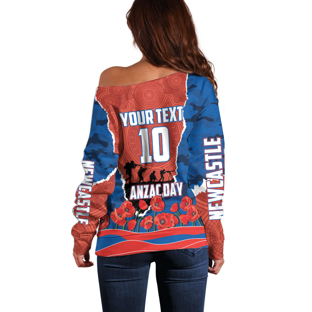 Personalized Newcastle Knights ANZAC Tribute Off Shoulder Sweater Poppy Field Soldier Silhouette Aboriginal Rugby Mascot