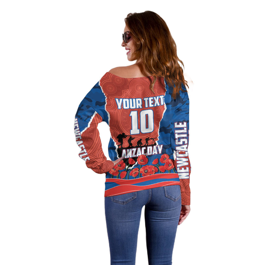 Personalized Newcastle Knights ANZAC Tribute Off Shoulder Sweater Poppy Field Soldier Silhouette Aboriginal Rugby Mascot
