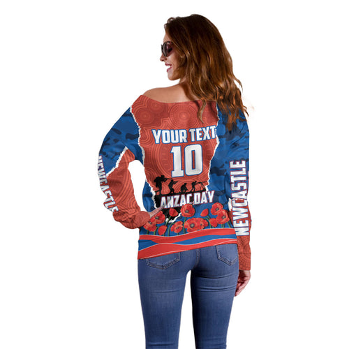 Personalized Newcastle Knights ANZAC Tribute Off Shoulder Sweater Poppy Field Soldier Silhouette Aboriginal Rugby Mascot
