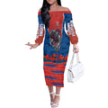 Personalized Newcastle Knights ANZAC Tribute Off The Shoulder Long Sleeve Dress Poppy Field Soldier Silhouette Aboriginal Rugby Mascot