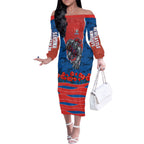 Personalized Newcastle Knights ANZAC Tribute Off The Shoulder Long Sleeve Dress Poppy Field Soldier Silhouette Aboriginal Rugby Mascot