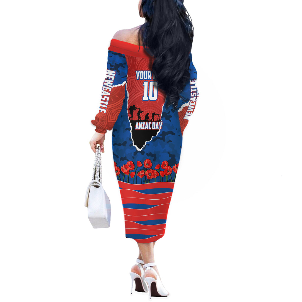 Personalized Newcastle Knights ANZAC Tribute Off The Shoulder Long Sleeve Dress Poppy Field Soldier Silhouette Aboriginal Rugby Mascot