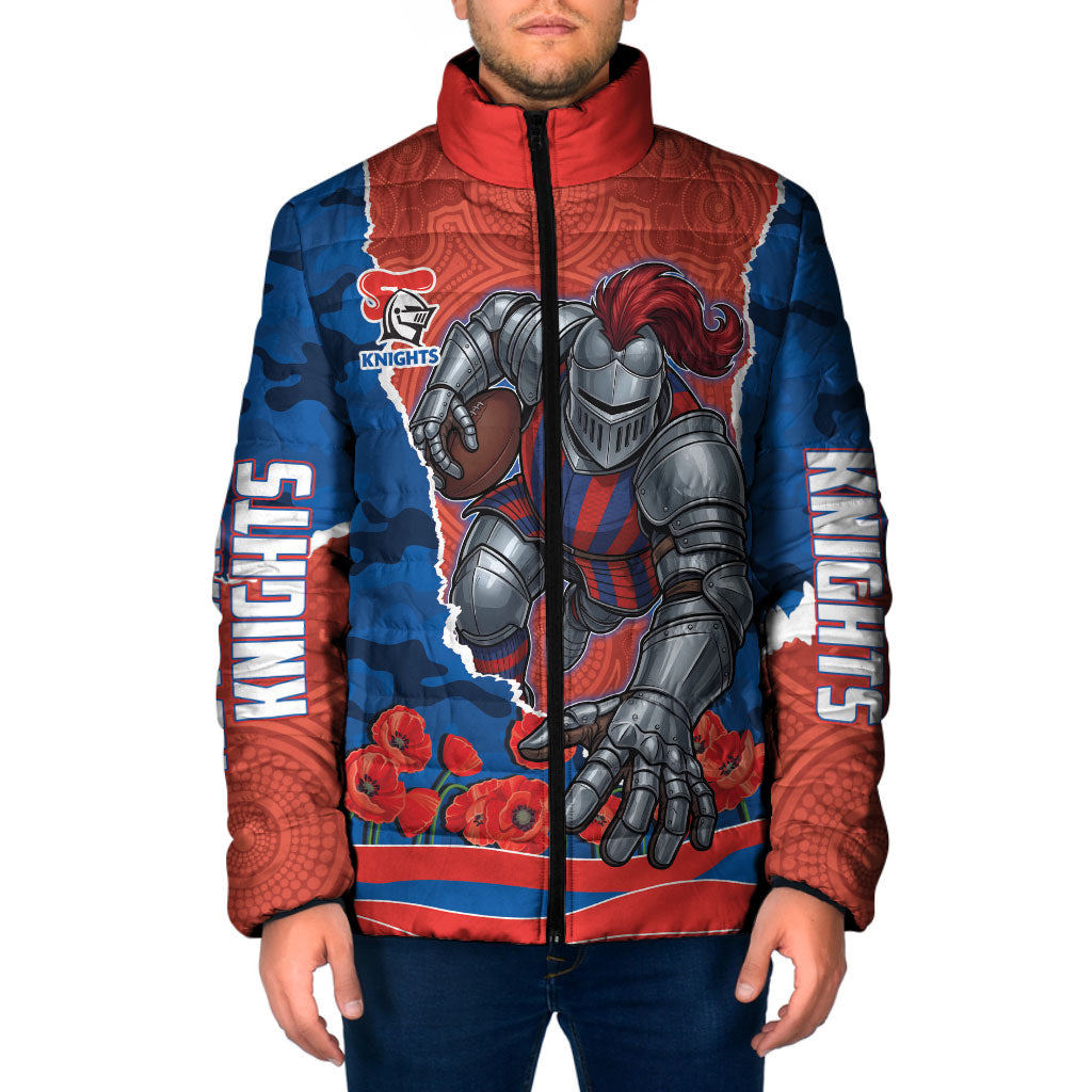 Personalized Newcastle Knights ANZAC Tribute Padded Jacket Poppy Field Soldier Silhouette Aboriginal Rugby Mascot