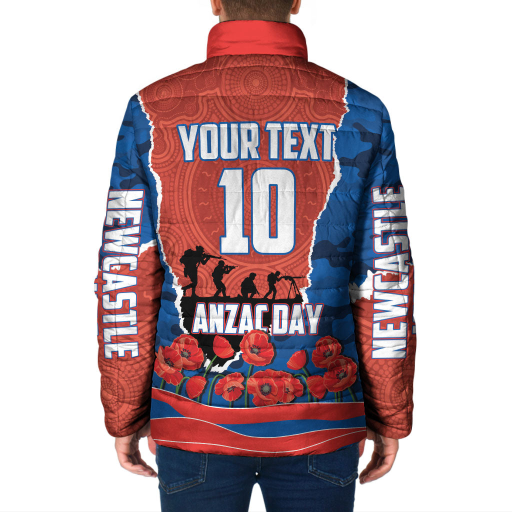 Personalized Newcastle Knights ANZAC Tribute Padded Jacket Poppy Field Soldier Silhouette Aboriginal Rugby Mascot