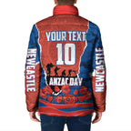 Personalized Newcastle Knights ANZAC Tribute Padded Jacket Poppy Field Soldier Silhouette Aboriginal Rugby Mascot