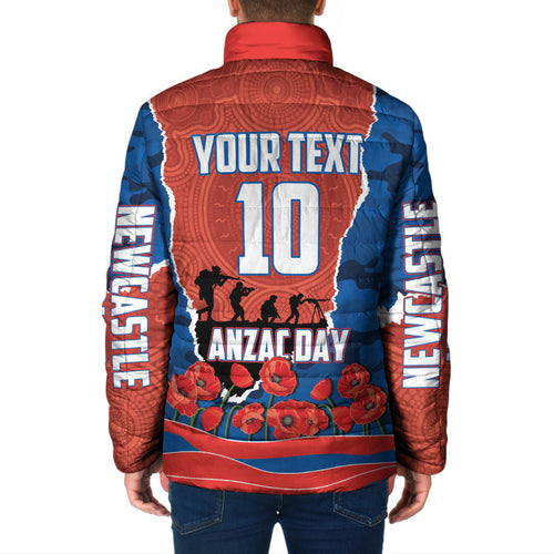 Personalized Newcastle Knights ANZAC Tribute Padded Jacket Poppy Field Soldier Silhouette Aboriginal Rugby Mascot