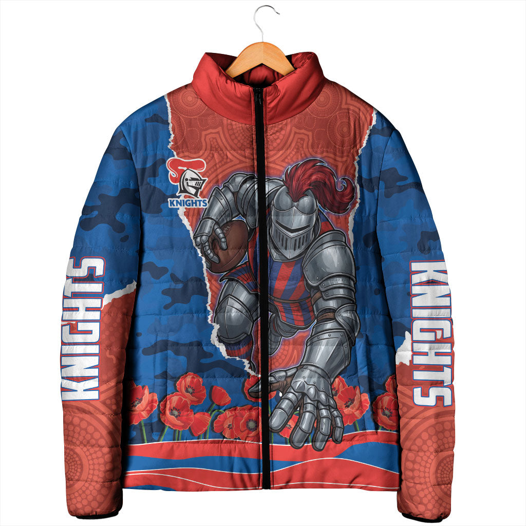 Personalized Newcastle Knights ANZAC Tribute Padded Jacket Poppy Field Soldier Silhouette Aboriginal Rugby Mascot
