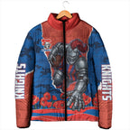 Personalized Newcastle Knights ANZAC Tribute Padded Jacket Poppy Field Soldier Silhouette Aboriginal Rugby Mascot