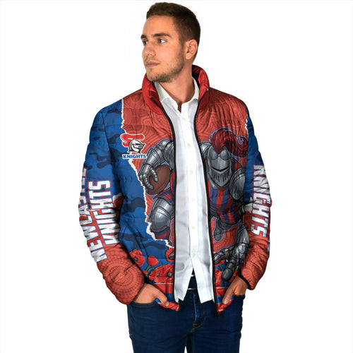 Personalized Newcastle Knights ANZAC Tribute Padded Jacket Poppy Field Soldier Silhouette Aboriginal Rugby Mascot