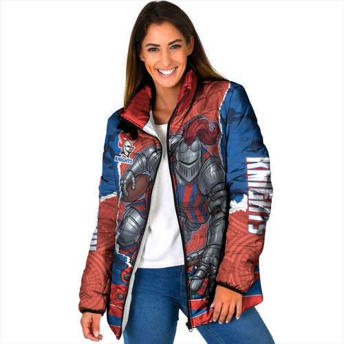 Personalized Newcastle Knights ANZAC Tribute Padded Jacket Poppy Field Soldier Silhouette Aboriginal Rugby Mascot