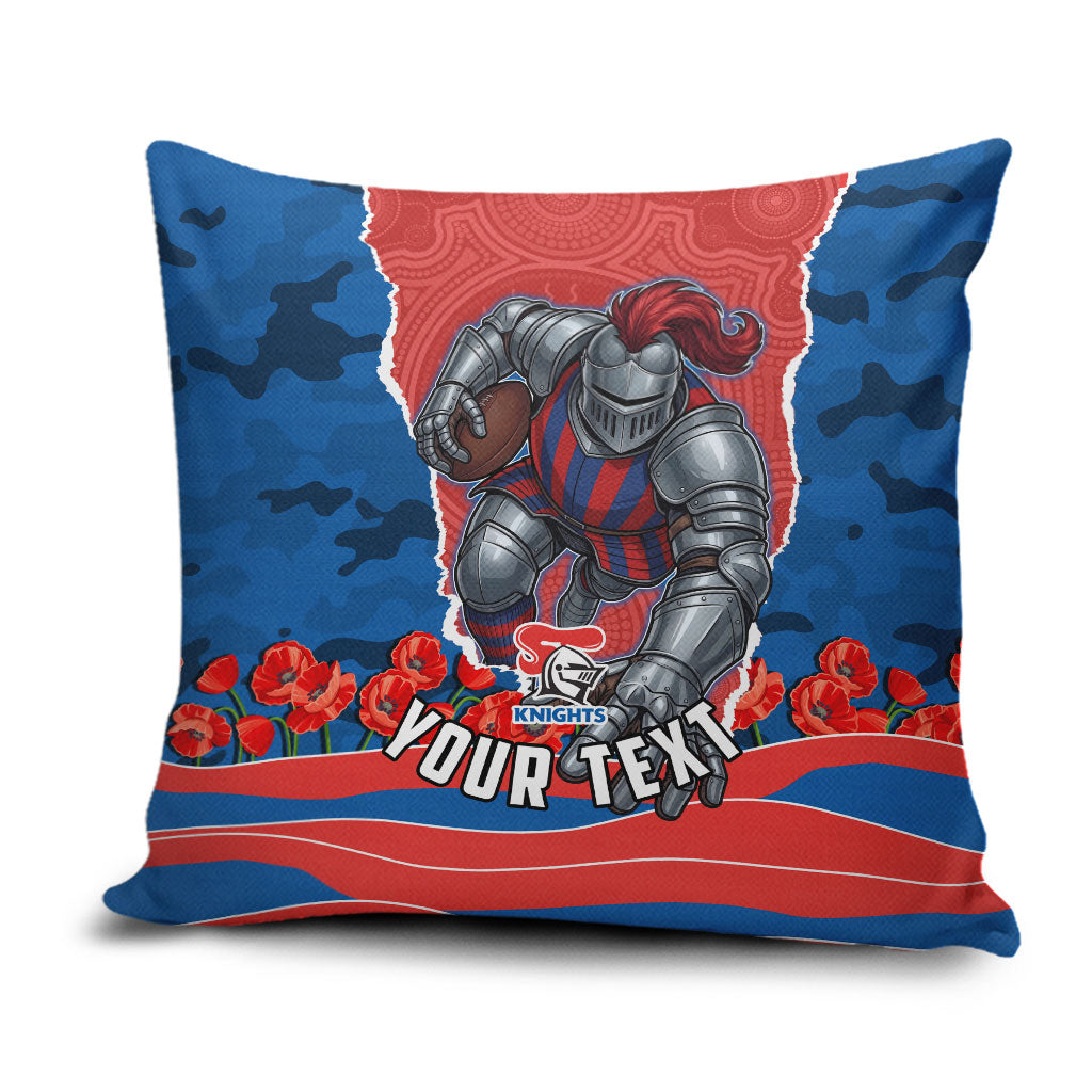 Personalized Newcastle Knights ANZAC Tribute Pillow Cover Poppy Field Soldier Silhouette Aboriginal Rugby Mascot