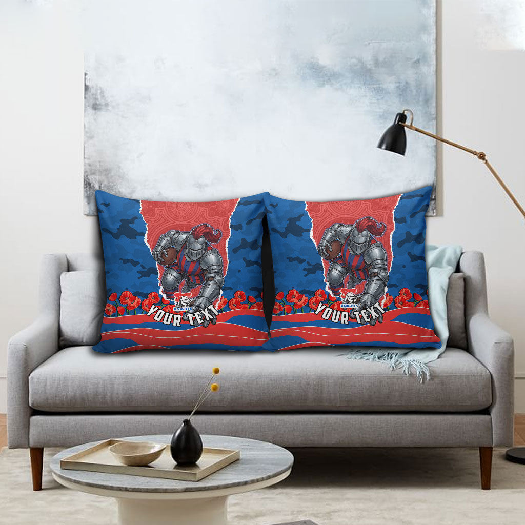 Personalized Newcastle Knights ANZAC Tribute Pillow Cover Poppy Field Soldier Silhouette Aboriginal Rugby Mascot