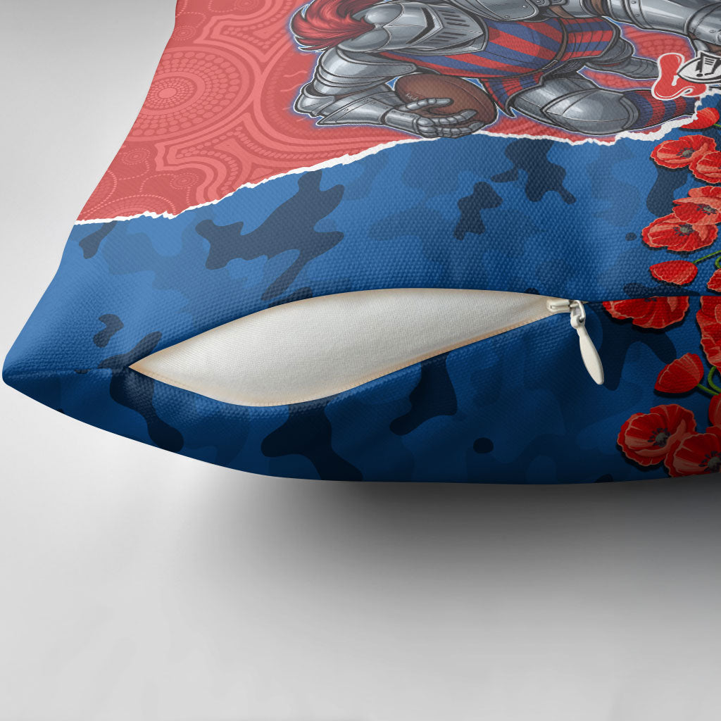 Personalized Newcastle Knights ANZAC Tribute Pillow Cover Poppy Field Soldier Silhouette Aboriginal Rugby Mascot