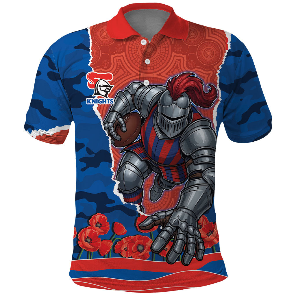Personalized Newcastle Knights ANZAC Tribute Polo Shirt Poppy Field Soldier Silhouette Aboriginal Rugby Mascot