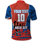 Personalized Newcastle Knights ANZAC Tribute Polo Shirt Poppy Field Soldier Silhouette Aboriginal Rugby Mascot